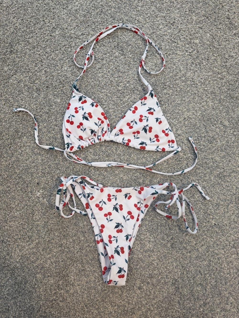 SHEIN White Cherry Print Triangle Bikini